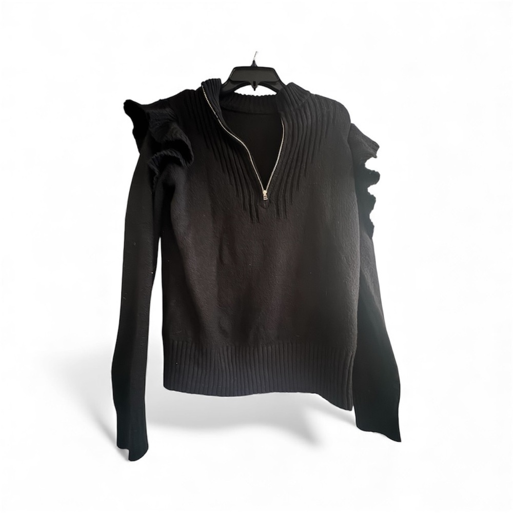Black Women's Sweater with Ruffle Details - Picture 2 of 9